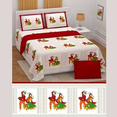 the bed is decorated with red and green christmas themed comforters, along with matching pillow cases