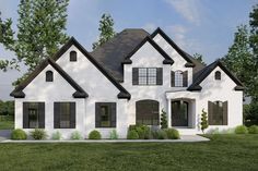 this is an artist's rendering of the front elevation of a house in white and black