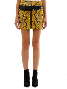 Yellow python leather skirt with front zip closure and side pockets. Buckle at the waist. The model is 1.83 high and wears size S/40IT/26US/36FR/8UK Size nationality: IT  Product number: 1911861  Product code: UWJC008F19LEA0016010  Composition: 100% leather Yellow Python, Yellow Mini Skirt, Print Mini Skirt, Platform Wedge Heels, Python Print, Loafer Sneakers, Premium Brands, Dress With Cardigan, Clothes Collection