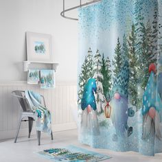 a bathroom with a shower curtain, rug and chair next to the bathtub in it