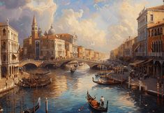 a painting of a canal with gondolas and buildings on the other side,