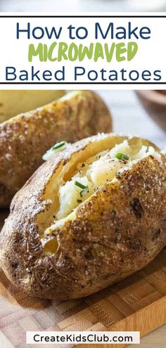 baked potatoes on a cutting board with text overlay