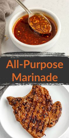 the cover of all - purpose marinade is shown on a plate with meat and sauce