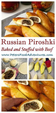 russian proshki bread and stuffed with beef is shown in this collage photo