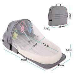 an image of a baby stroller with mosquito netting on the side and measurements for it