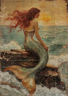 a painting of a mermaid sitting on top of a rock