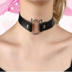 Edgy Black Leather Choker Cat Necklace Material: Pu Leather, Alloy Length: 15.7" Brand New Trendy Black Jewelry With Cat Design, Trendy Cat Design Jewelry For Parties, Trendy Cat Design Jewelry For Party, Party Jewelry With Cat Design And Cat Ears, Party Jewelry With Cat Design, Cat Choker, Lilac Stone, Rhinestone Costume Jewelry, Black Leather Choker