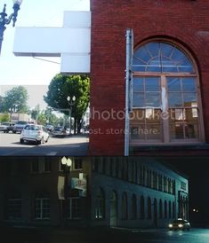 three different shots of the same building and street light in front of it, one is empty