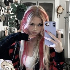 Blonde And Colored Hair Ideas, Light Pink Hair With Dark Roots, Face Claims Pink Hair, Blonde And Pink Hair Aesthetic, Dark Blonde And Pink Hair, Edgy Blonde Hair Grunge, Grunge Blonde Hair, Pink Hair Grunge, Egirl Hair Color