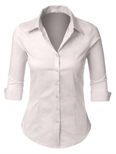 Womens Work Shirt, Casual Blouse Women, Three Quarter Sleeve Shirt, Blue Button Up Shirt, Three Quarter Sleeve Tops, Casual Shirt Women, Women's Button Down Shirt, Work Shirts, Casual Blouse