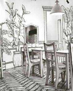 a black and white drawing of a dining room table with four chairs next to a fireplace