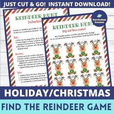 Looking for a fun Christmas or holiday game for teachers, staff, or students? The "Find the Reindeer" game can be used for all ages and can be adapted for individual or group uses!This product includes:Instructions5 Different Sleighs5 Different Colors of Reindeers #1-12Non-Numbered ReindeerScore Car... Christmas Games For 1st Graders, Staff Christmas Games, Meeting Games, Teacher Morale, Spirit Days, Staff Appreciation Gifts, Staff Morale, Christmas Scavenger Hunt, Reindeer Games