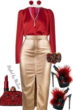 Red And Gold Outfit Ideas Classy, Bronze Skirt Outfit, Red Bottom Outfits, Chic Church Outfits, Red And Gold Outfit, Yellow Knee Length Dress, Interesting Outfits, Stylish Work Attire