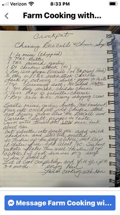 an old recipe book with writing on it and the words farm cooking with written in cursive