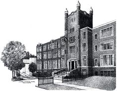 an ink drawing of a large building with many windows