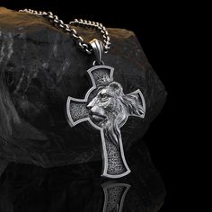 "Item details: * Material : 925K Sterling Silver * Pendant size : 4.7 cm x 3 cm / 2 x 1.1'' (with bail) * The necklace length: 18\", 20\", 22\", 24\" and 26." Engraved Stainless Steel Cross Jewelry, Spiritual Cross Jewelry For Father's Day, Engraved Cross Jewelry For Memorial, Engraved Cross-shaped Memorial Jewelry, Memorial Engraved Cross Jewelry, Mens Necklace Personalized, Lion Necklace, Lion Pendant, Necklace Mens