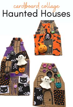 two cardboard houses decorated with halloween decorations and buttons