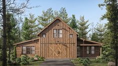 an artist's rendering of a rustic cabin style home with wood siding and windows