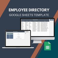 an employee directory is displayed on two computer screens and a desktop monitor with the google sheets template