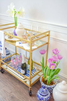 blue and white bar cart - grandmillenial home decor style - chinoiserie chic cocktail hour Chinoiserie Bar Cart, Bar Cart Tray, Cofc Dorm, Dorm Bar Cart, College Bar Cart, Charleston Apartment, White Bar Cart, Preppy Bar Cart