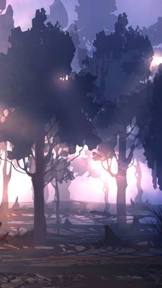 the sun shines through the trees on a foggy day in this digital painting