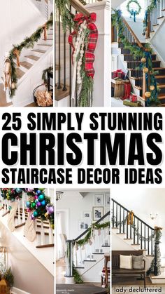 Staircase Railing Decoration, Diy Christmas Railing Decor, How To Decorate A Banister, Bannister Christmas Decor Garlands, Modern Staircase Christmas Decor, Simple Christmas Banister, Xmas Decorations For Stairs