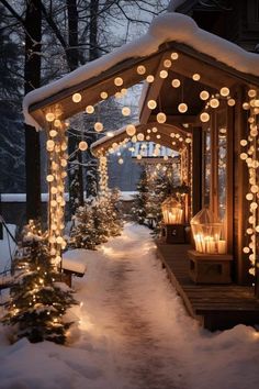 a gazebo covered in christmas lights and snow