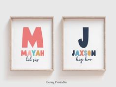 two framed posters with the names of different children's name styles and colors, hanging on a wall