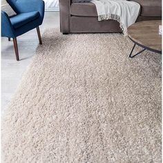 a living room filled with furniture and a rug on top of a carpeted floor