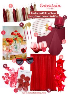 a red and white color scheme for a party with flowers, candles, glasses, napkins