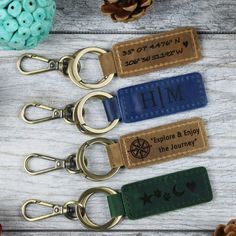 three personalized leather key fobrings are shown