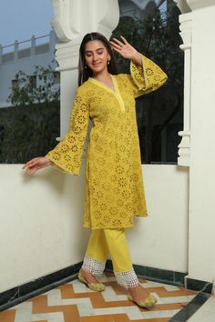 Yellow Iris Schiffli Kurta And Pant Set online in USA | Free Shipping , Easy Returns - Fledgling Wings Loose Sleeves Design For Kurtis, Pakistani Bell Sleeves Suit, Loose Sleeves Kurti, Bell Sleeves Kurti Pakistani, Festive V-neck Kurta With Chikankari Embroidery, V-neck Salwar Kameez With Chikankari Embroidery For Diwali, Diwali V-neck Salwar Kameez With Chikankari Embroidery, V-neck Kurta With Chikankari Embroidery For Spring, Spring V-neck Kurta With Chikankari Embroidery