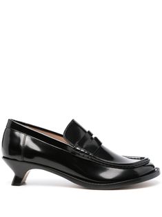 black calf leather patent finish asymmetric round toe penny slot branded leather insole low heel This item is in size 40 and the color is Black Luxury Low-top Loafers With Stitched Sole, Leather Loafers Women, Slides Shoes, Leather Loafers, Low Heels, Loafer Shoes, Calf Leather, Loafers, Women Shoes