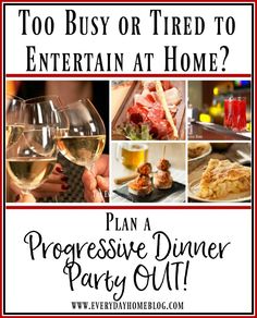 a flyer for a progressive dinner party with images of wine glasses and food on it