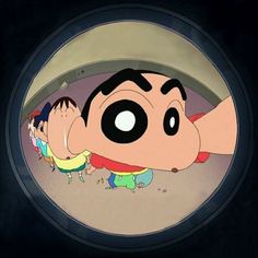 an animated image of a cartoon character peeking out from behind a round window, with other characters in the background