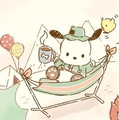 a hello kitty sitting in a beach chair with balloons and a cup of coffee on it