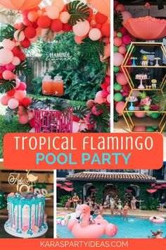 tropical flamingo pool party with balloons and decorations