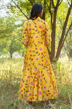 Shop for Rang Swati Vijaivargie Yellow Silk Chanderi Printed Dress for Women Online at Aza Fashions Spring Printed Straight Kurta Dress, Anarkali Dress With Printed Motifs For Spring, Spring Anarkali Dress With Printed Motifs, Yellow Anarkali Dress For Spring, Fitted Anarkali Maxi Dress With Floral Print, Festive Fitted Floral Print Midi Dress, Anarkali Long Dress With Floral Print, Festive Floral Print Midi Dress, Festive Yellow Printed Dress