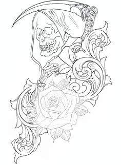 a drawing of a skull with roses and an arrow on it's back side