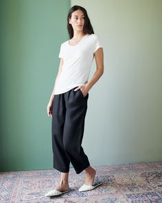 We're upgrading your basics with cotton modal. This super soft and stretchy cotton blend is wrinkle-resistant with a flattering, smooth finish. It's easygoing for everyday wear, and has comfy wearability to pair with any outfit.  | Quince | Women's Cotton Modal V Neck T-Shirt in White, Size Medium, Cotton/Modal Wide Leg Linen Pants, Linen Short, Knit Blazer, European Linens, Linen Pants Women, Great T Shirts, Linen Women, Linen Pants, V Neck Tee