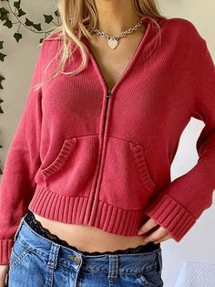 Solid Zip Up Open Front Knit Crop Cardigan Hooded Crop Knit Cardigan - AnotherChill Estilo Hipster, Korean Tops, Y2k Sweater, Outfit Vintage, Cardigan Casual, Populaire Outfits, Jumpsuit Outfit, Hoodie Cardigan, Stil Inspiration