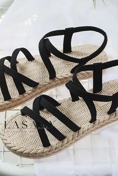 Lasaky - Stylish Womens Flat Sandals with Artfully Woven Straw Sole and Subtle Low Heel. Beach Slides, Ladies Shoes, Sandals Brands, Womens Sandals Flat, Casual Sandals, Back Strap, Fashion Flats, Gladiator Sandals, Black Heels