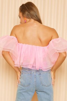 Organza Ruffled off the shoulder crop top NOTE: If your size is not available, please register your email in EMAIL ME WHEN AVAILABLE link. Pink Off-shoulder Top For Spring Party, Pink Off-shoulder Top For Party, Feminine Crop Top For Party, Trendy Pink Fitted Off-shoulder Top, Trendy Fitted Pink Off-shoulder Top, Trendy Off-shoulder Tube Top For Day Out, Pink Ruffled Bandeau Tube Top, Pink Off-shoulder Tube Top, Feminine Pink Off-shoulder Top For Summer