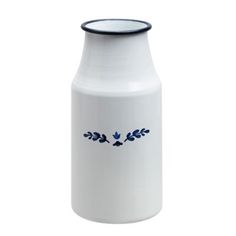 a white vase with blue trimmings on the top and bottom, sitting in front of a white background