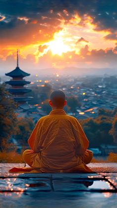 a person sitting on the ground in front of a sunset with clouds and buildings behind them