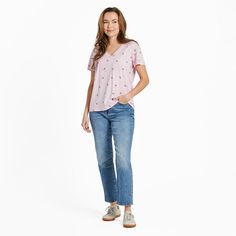 Our signature lightweight, breathable fabric in a relaxed silhouette and timeless V-neck design. Ideal for casual gatherings, running errands or lounging at home. Pair with jeans or Life is Good Everyday shorts or joggers for ultimate good vibes. 100% USA Grown Cotton 4.57oz Garment washed for softness. Relaxed fit with a slight dropped shoulder. Flattering self-fabric v-neck and interior back neck tape for a clean finish. Features an all-over print (aka: good vibes on all sides). Imported | Lif Casual V-neck Top For Vacation, Casual V-neck Top With Relaxed Fit, Comfortable V-neck Relaxed Fit Tops, Comfortable Relaxed Fit V-neck Top, Relaxed Fit V-neck Top For Casual Gatherings, Comfortable V-neck Tops For Spring, Casual V-neck Loungewear Top, Seashell Pink, Everyday Shorts