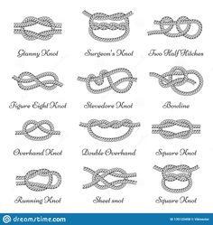 various ropes and knots with names on white background