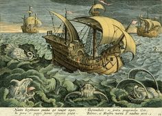 an old ship in the ocean surrounded by sea monsters and other marine creatures, including octopuses