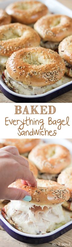 this is an image of baked everything bagel sandwiches on a plate with text overlay