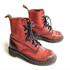 Doc Martens Pascal Red Leather Lace-Up Combat Boots Size 3 Uk 5 Us Women's Red Leather With Factory Darkened Toes And Heels Pre-Owned Some Scuffs On Toes And A Bit Of Dirt On Soles. Otherwise Very Good Condition Red Leather Lace-up Boots, Red Lace-up Leather Boots, Burgundy Leather Lace-up Boots, Red Leather Boots For Spring, Red Leather Lace-up Winter Boots, Doc Martens Pascal, Shoes Doc Martens, Lace Up Combat Boots, Doc Martens